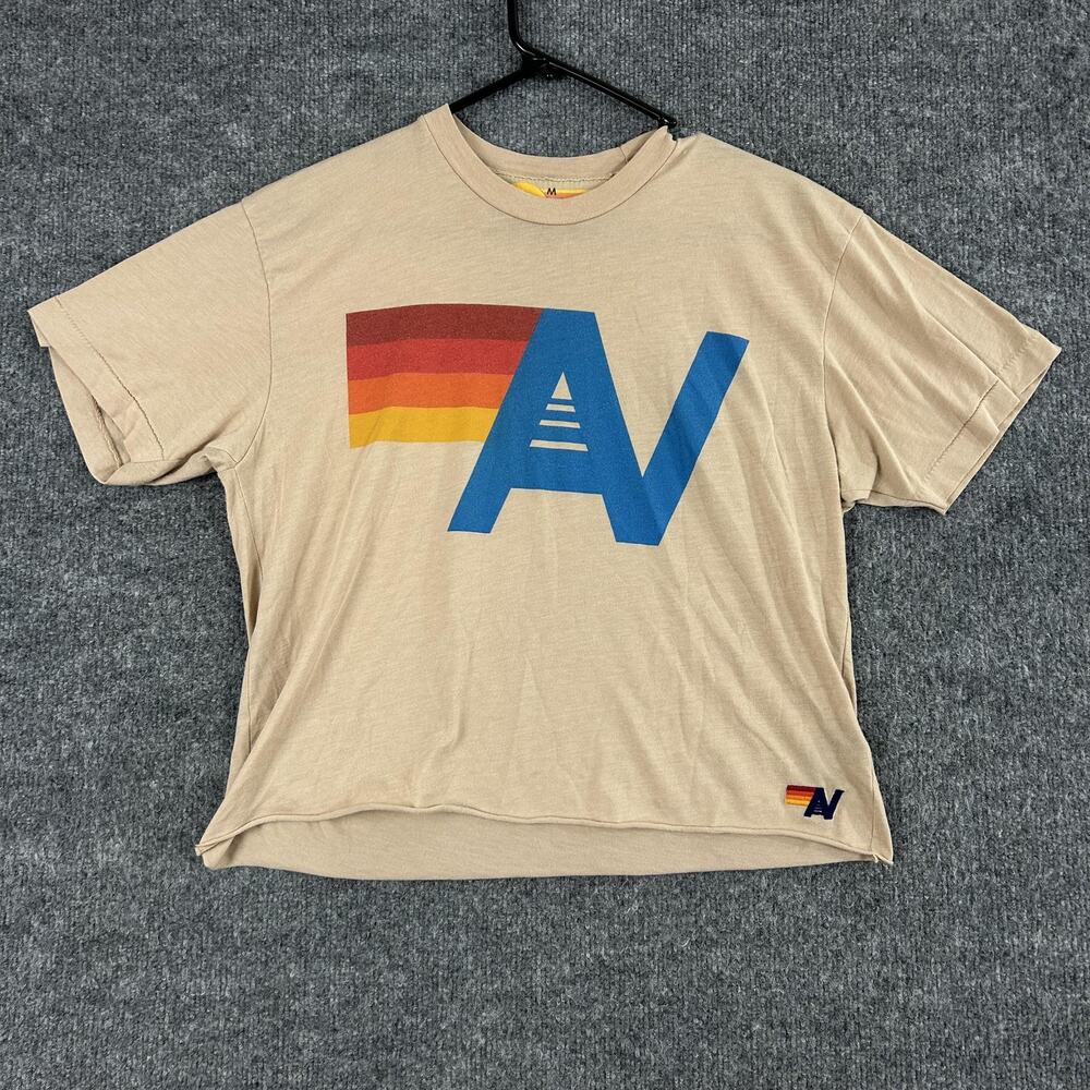 Aviator Nation Shirt Medium Logo Boyfriend Tee Cropped Beige Retro Comfy Casual